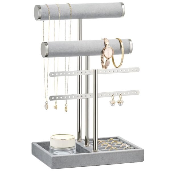 3 Tier Bracelet Holder Display - Detachable T Bar Grey Velvet Bracelet Holder, Jewelry Holder Organizer for Bracelet, Necklace, Earrings, Rings