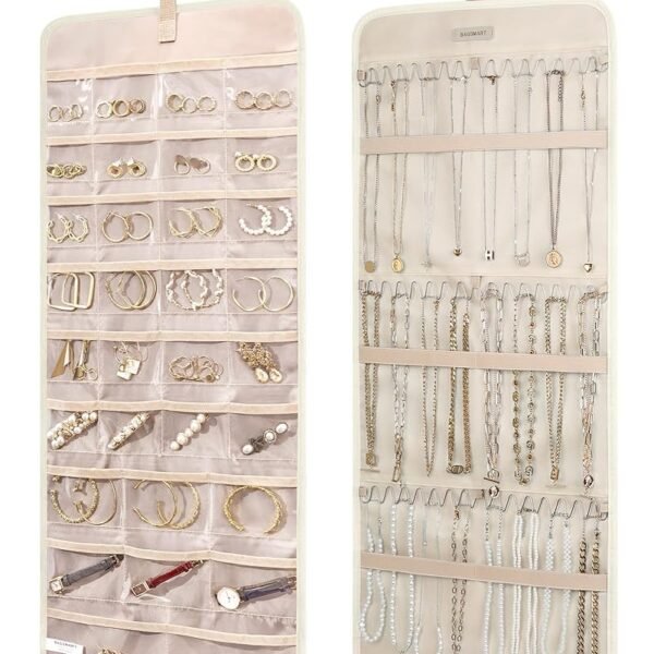 BAGSMART Hanging Jewelry Organizer Storage Roll with Hanger Metal Hooks Double-Sided Jewelry Holder for Earrings, Necklaces, Rings on Closet, Wall, Door, 1 piece, Large, Beige