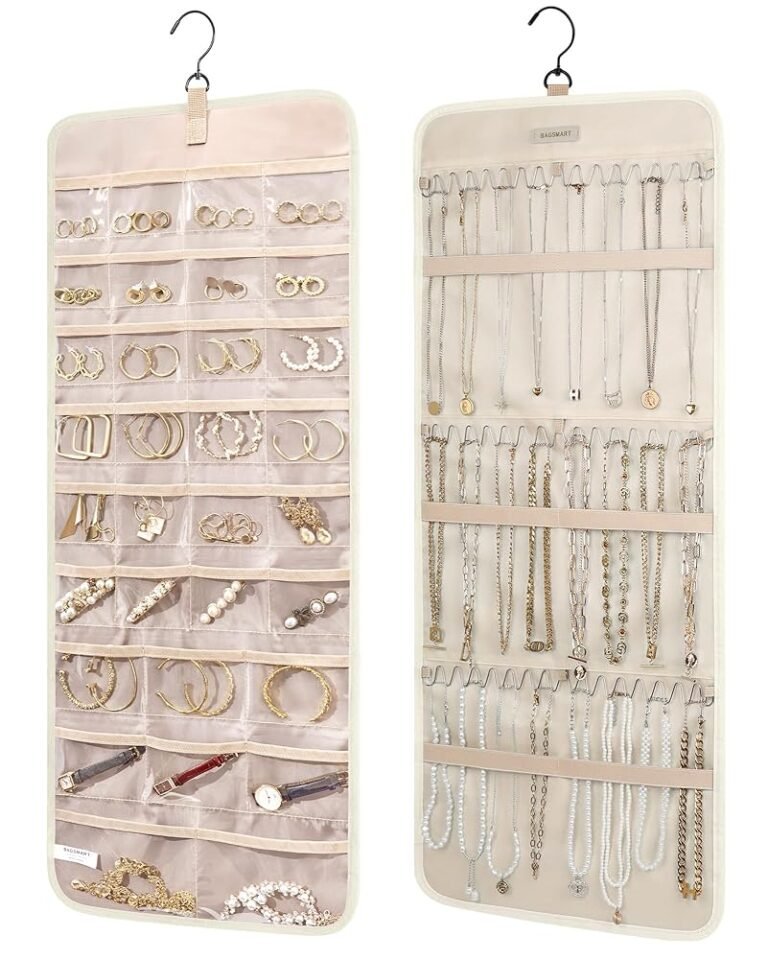 BAGSMART Hanging Jewelry Organizer Storage Roll with Hanger Metal Hooks Double-Sided Jewelry Holder for Earrings, Necklaces, Rings on Closet, Wall, Door, 1 piece, Large, Beige