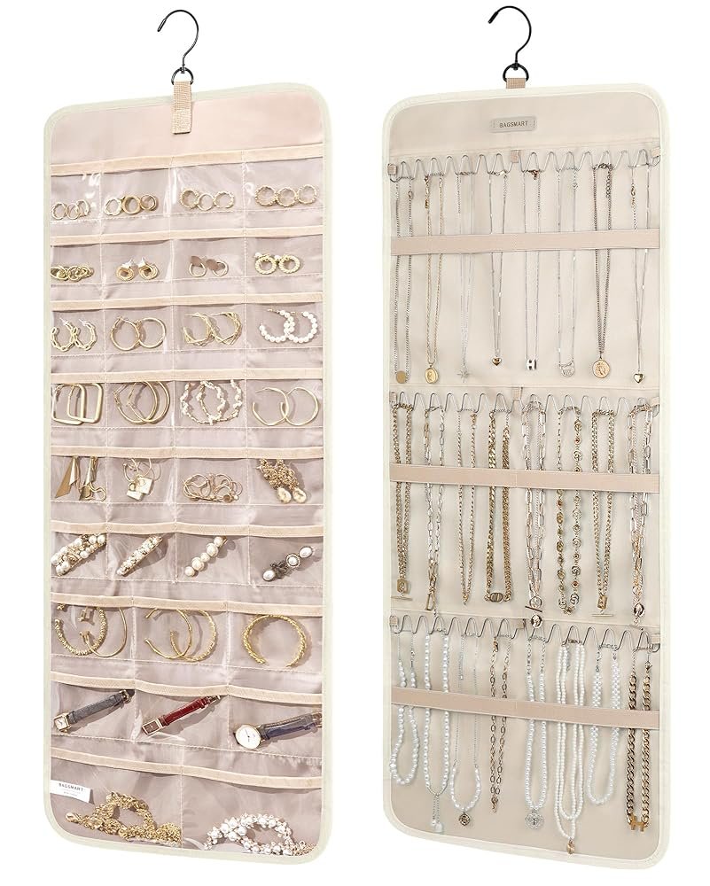 BAGSMART Hanging Jewelry Organizer Storage Roll with Hanger Metal Hooks Double-Sided Jewelry Holder for Earrings, Necklaces, Rings on Closet, Wall, Door, 1 piece, Large, Beige