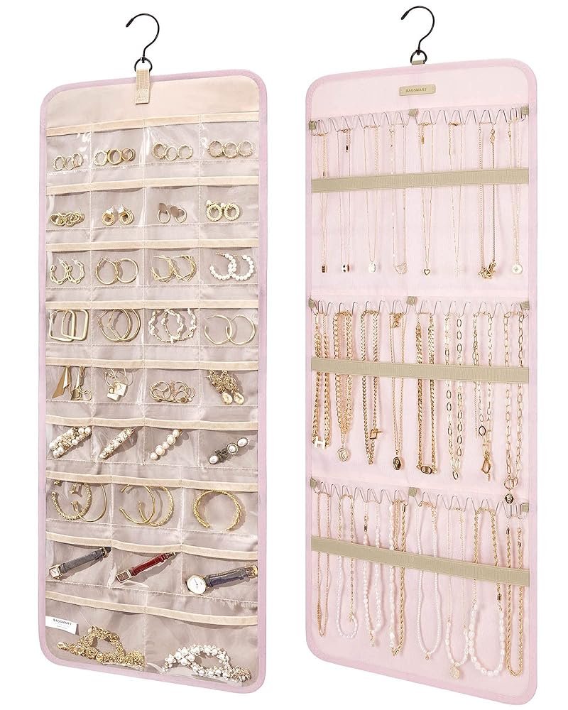 BAGSMART Hanging Jewelry Organizer Storage Roll with Hanger Metal Hooks Double-Sided Jewelry Holder for Earrings, Necklaces, Rings on Closet, Wall, Door, 1 piece, Large, Pink