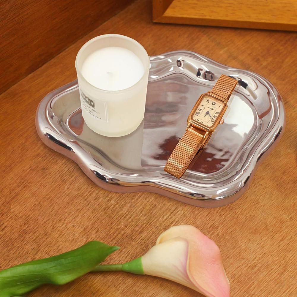 Ceramic Jewelry Tray Trinket Dish, Decorative Cloud Vanity Key Tray for Women, Ring Holder Dish, Cute Jewelry Plate Bowl Room Decor Aesthetic, Silver, Medium