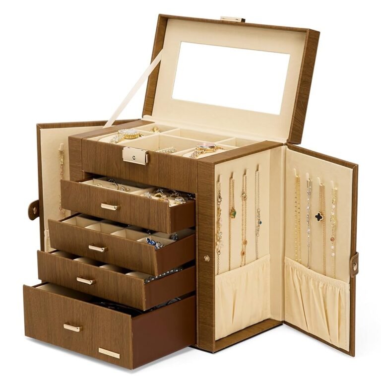 Homde Synthetic Leather Huge Jewelry Box Mirrored Watch Organizer Necklace Ring Earring Storage Lockable Gift Case (Brown + Gold)