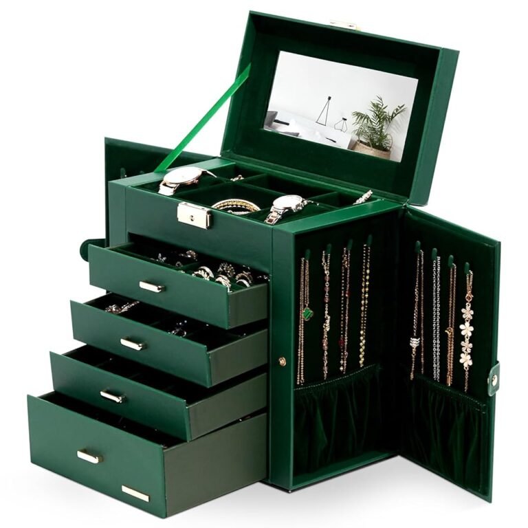 Homde Synthetic Leather Huge Jewelry Box Mirrored Watch Organizer Necklace Ring Earring Storage Lockable Gift Case (Forest Green + Gold)