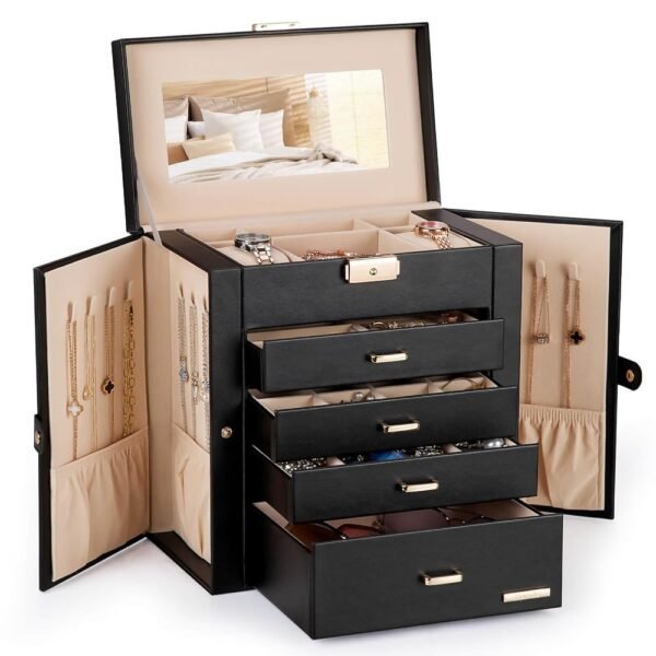 Homde Synthetic Leather Huge Jewelry Box Mirrored Watch Organizer Necklace Ring Earring Storage Lockable Gift Case (Black + Gold)