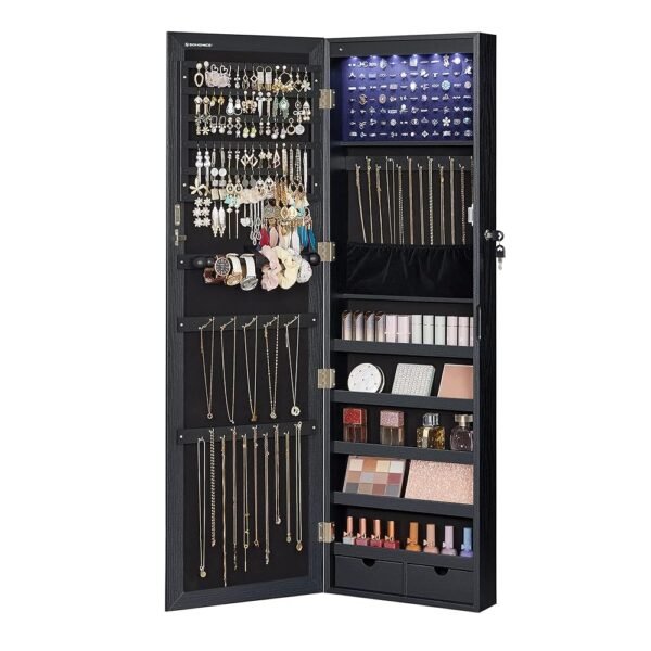 SONGMICS 6 LEDs Mirror Jewelry Cabinet, 47.2-Inch Tall Lockable Wall or Door Mounted Jewelry Armoire Organizer with Mirror, 2 Drawers, 3.9 x 14.6 x 47.2 Inches, Black UJJC093B01