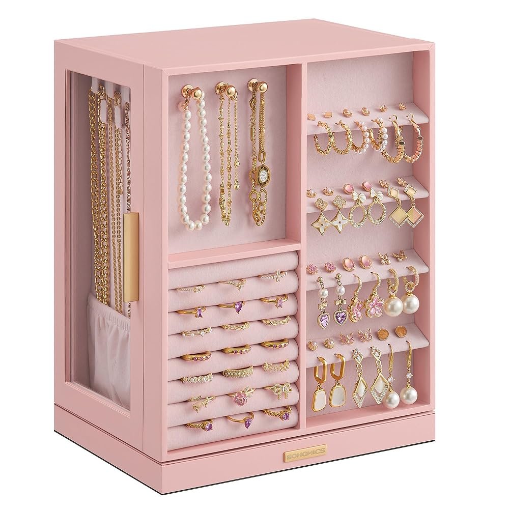 SONGMICS Jewelry Box 360° Rotating, Jewelry Storage Case with 5 Drawers, Jewelry Organizer, Glass Window, Spacious, Vertical Jewelry Storage, Open Design, Great Gift, Jelly Pink...