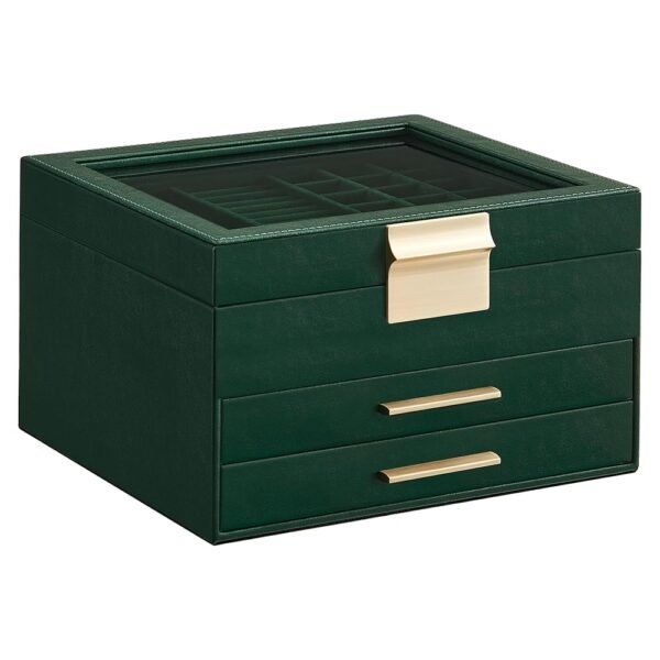 SONGMICS Jewelry Box Organizer with Glass Lid, 3-Layer Jewelry Storage, with 2 Drawers, Modern Style, 8 x 9.1 x 5.3 Inches, Forest Green and Gold Color UJBC239C01