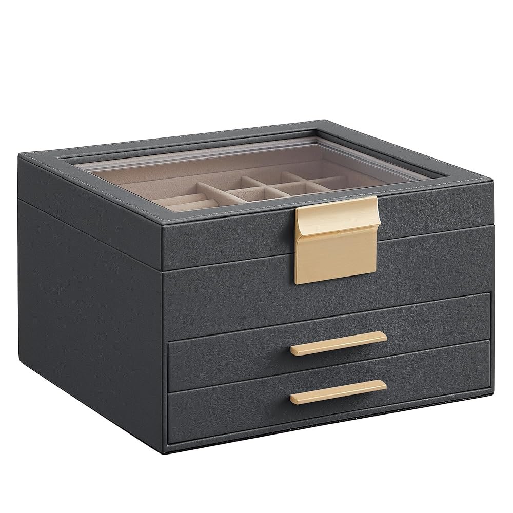 SONGMICS Jewelry Box Organizer with Glass Lid, 3-Layer Jewelry Storage, with 2 Drawers, Modern Style, 8 x 9.1 x 5.3 Inches, Interstellar Gray and Gold Color UJBC239G02