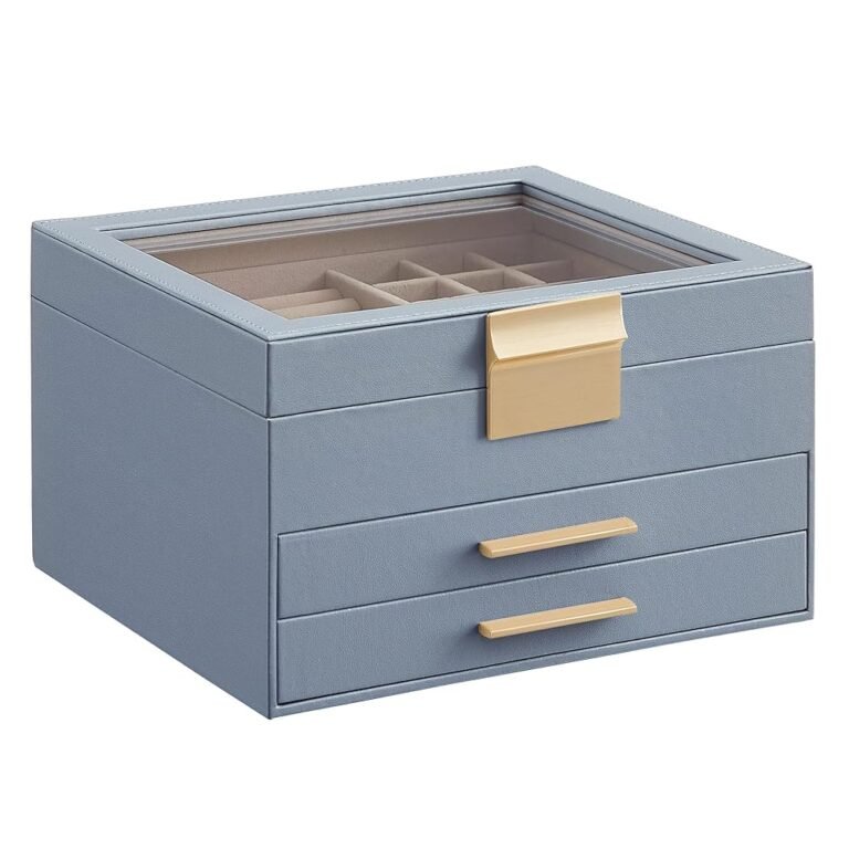 SONGMICS Jewelry Box Organizer with Glass Lid, 3-Layer Jewelry Storage, with 2 Drawers, Modern Style, 8 x 9.1 x 5.3 Inches, Smoky Blue and Gold Color UJBC239Q01