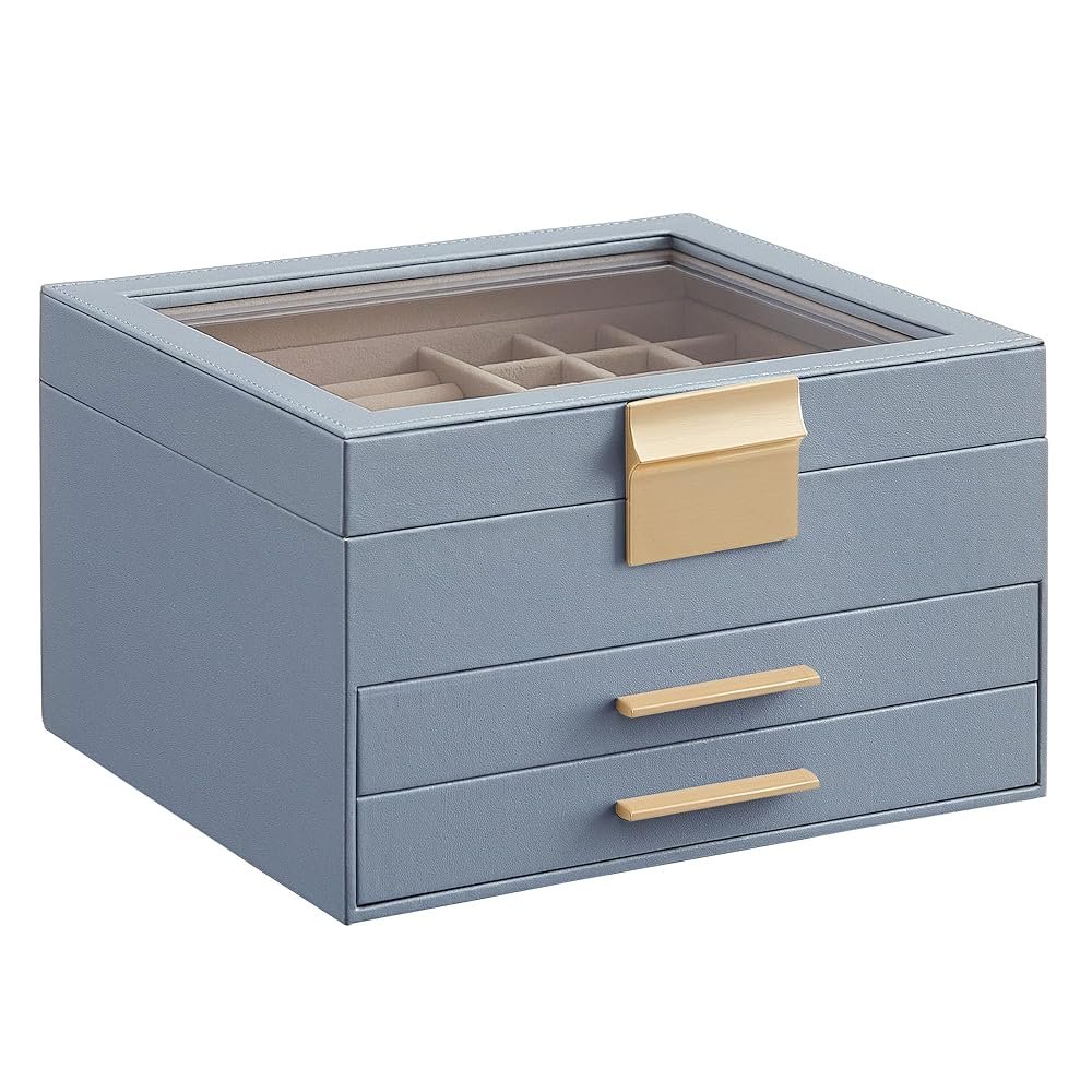 SONGMICS Jewelry Box Organizer with Glass Lid, 3-Layer Jewelry Storage, with 2 Drawers, Modern Style, 8 x 9.1 x 5.3 Inches, Smoky Blue and Gold Color UJBC239Q01