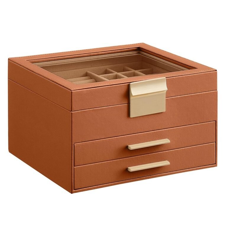 SONGMICS Jewelry Box Organizer with Glass Lid, 3-Layer Jewelry Storage, with 2 Drawers, Modern Style, 8 x 9.1 x 5.3 Inches, Caramel Brown and Gold Color UJBC239K01