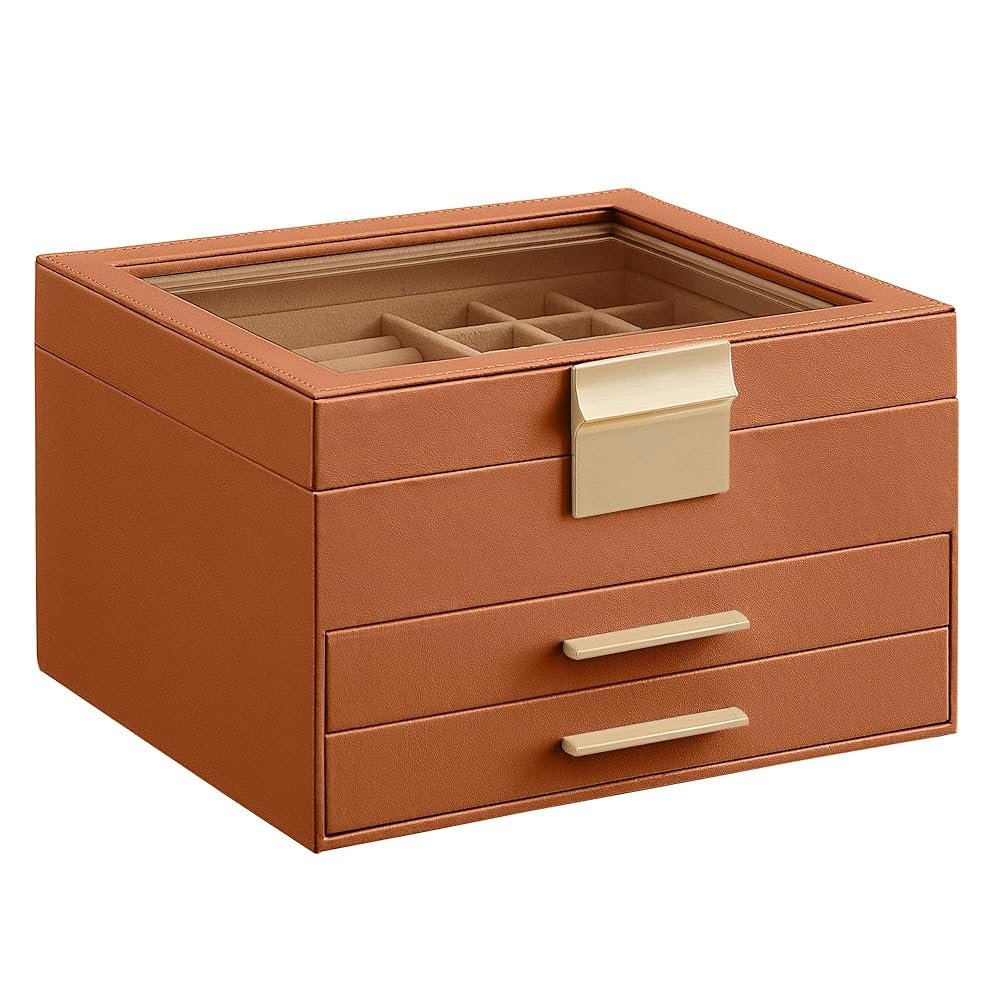 SONGMICS Jewelry Box Organizer with Glass Lid, 3-Layer Jewelry Storage, with 2 Drawers, Modern Style, 8 x 9.1 x 5.3 Inches, Caramel Brown and Gold Color UJBC239K01