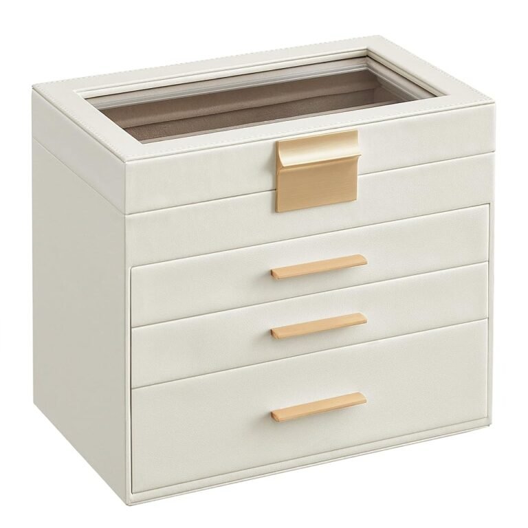 SONGMICS Jewelry Box Organizer with Glass Lid, 4-Layer Jewelry Storage, with 3 Drawers, Modern Style, 6 x 9.9 x 8.5 Inches, Cloud White and Gold Color UJBC161W01