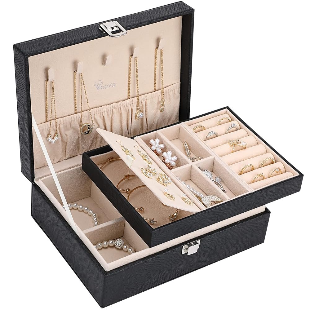 Voova Jewelry Box Organizer for Women Girls, 2 Layer Large Men Jewelry Storage Case, PU Leather Display Jewellery Holder with Removable Tray for Necklace Earrings Rings...